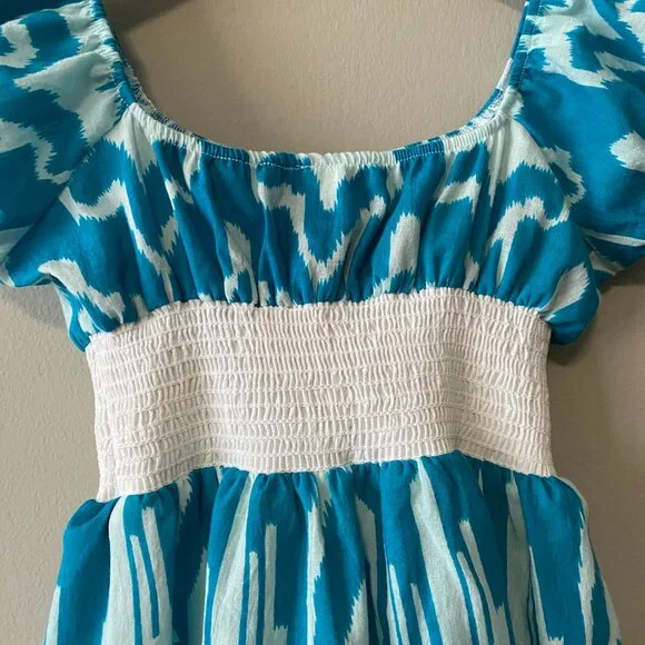 Handmade Children's 100% Cotton Blue Pattern White Elastic Waist Dress - Picture 8 of 10
